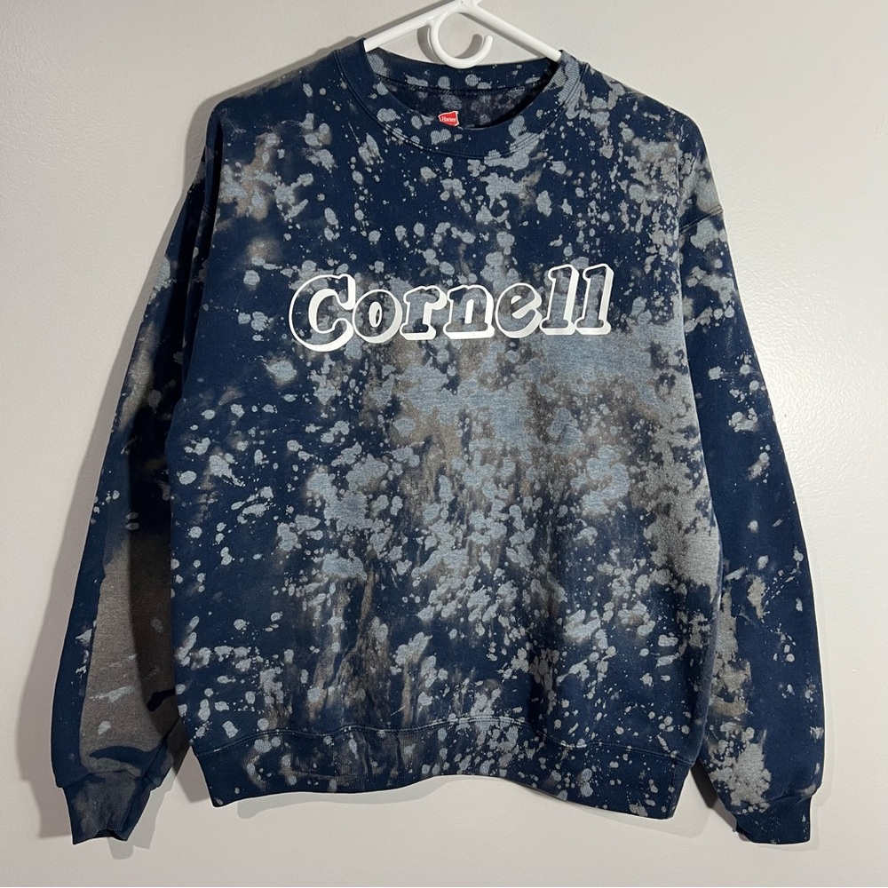 Cornell Big Red Blue Tie Dye Bleach Long Sleeve Pullover Sweatshirt Adult Medium